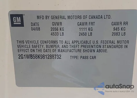 2008 Chevrolet Impala Ls из США, поврежденный, VIN 2G1WB58K981288732